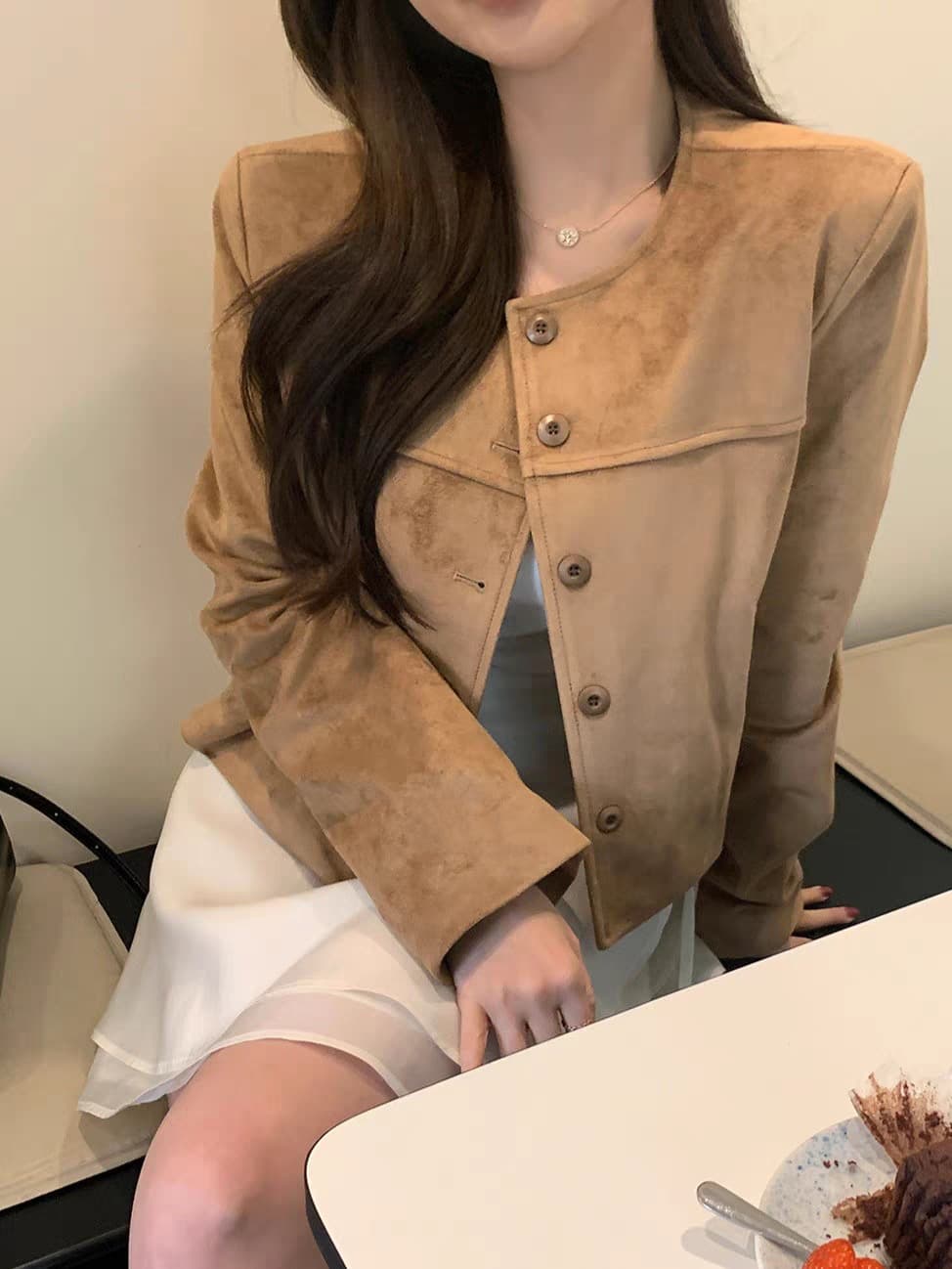 원본 레트로 스웨이드 원단 쇼트 스타일 싱글 줄 버튼 재킷 재킷 상세 이미지 5