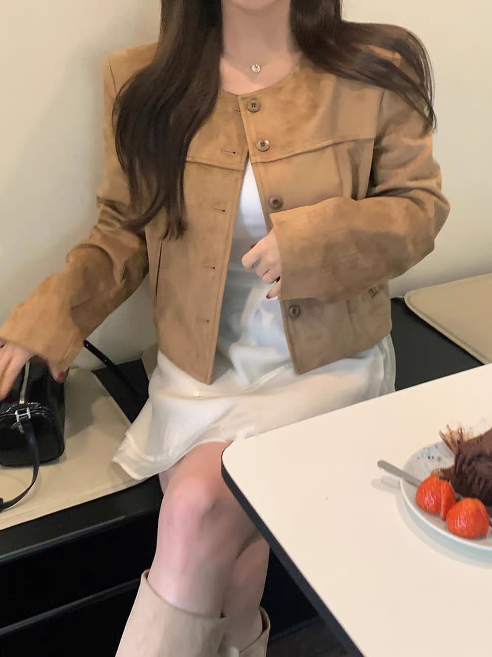 원본 레트로 스웨이드 원단 쇼트 스타일 싱글 줄 버튼 재킷 재킷 상세 이미지 6