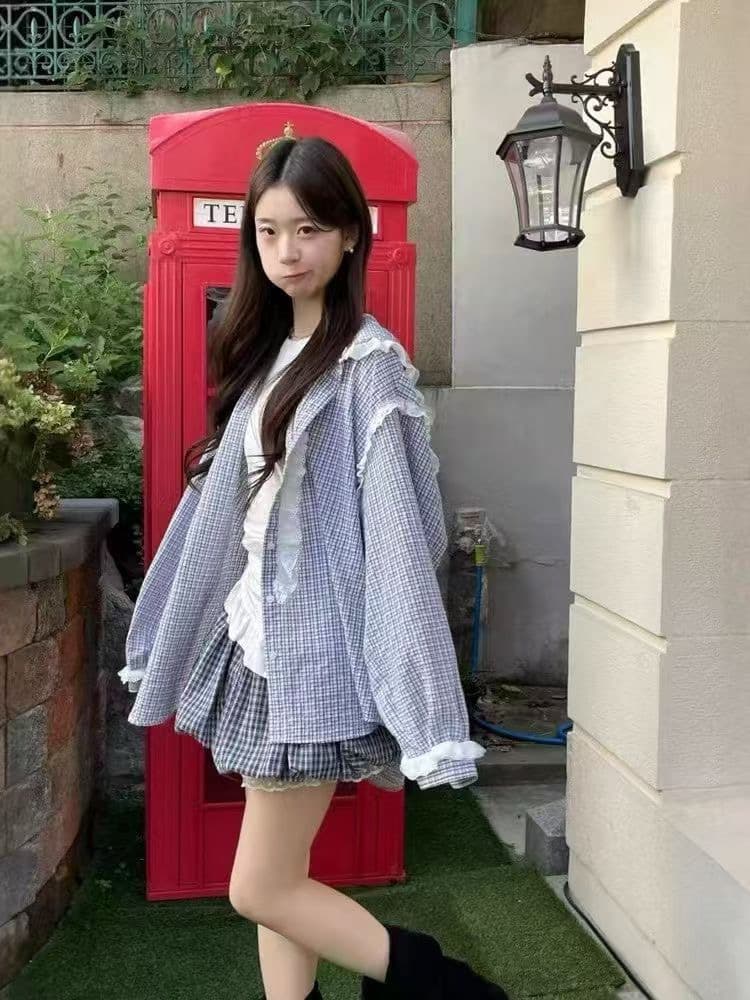 있음 밖으로 2026 봄 체크무늬 후드 긴팔 여성 셔츠 루즈핏 캐주얼 다용도 맨위 레이스 패치워크 상세 이미지 3