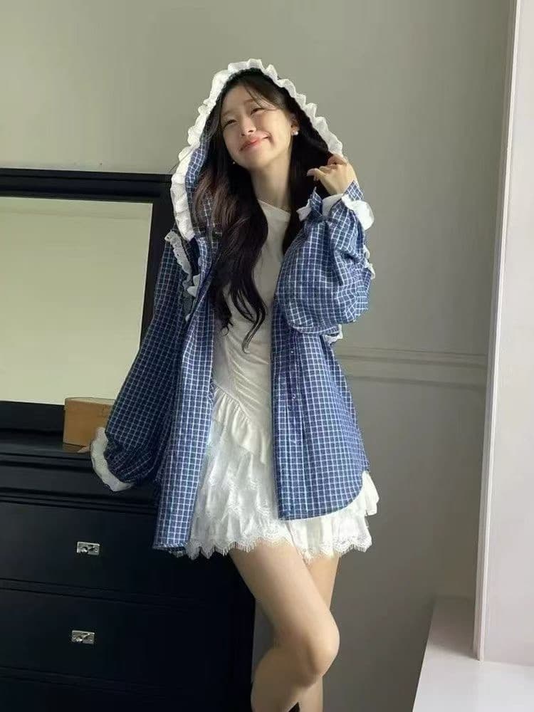 있음 밖으로 2026 봄 체크무늬 후드 긴팔 여성 셔츠 루즈핏 캐주얼 다용도 맨위 레이스 패치워크 상세 이미지 6