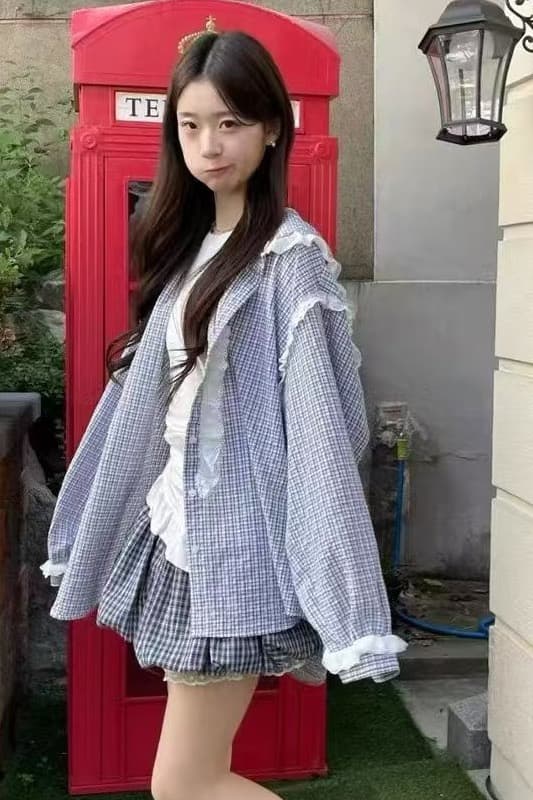 있음 밖으로 2026 봄 체크무늬 후드 긴팔 여성 셔츠 루즈핏 캐주얼 다용도 맨위 레이스 패치워크 상세 이미지 9