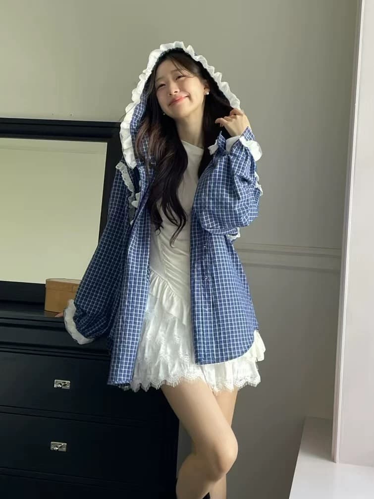 있음 밖으로 2026 봄 체크무늬 후드 긴팔 여성 셔츠 루즈핏 캐주얼 다용도 맨위 레이스 패치워크 상세 이미지 13