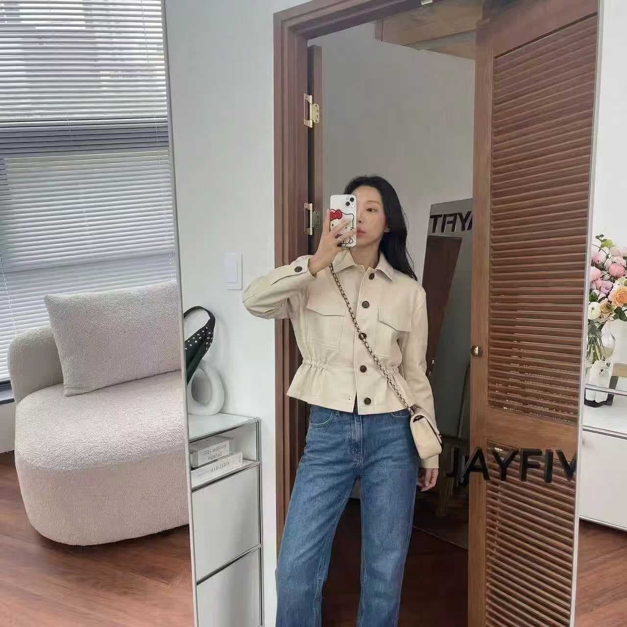 지금 한국 스타일 새로운 폴로 칼라 미니멀리즘 허리 펌프 로프 슬림해 보이는 pu 가죽 재킷 품격 여성 상세 이미지 1