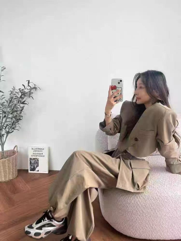 한국 행침 벨트 블레이저 여성 짧은 품격 다용도 펌프 로프 허리 수축 랩스커트팬츠 펌프 로프 조거 캐주얼 바지 세트 이미지 4
