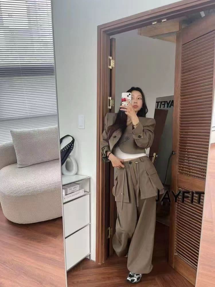 한국 행침 벨트 블레이저 여성 짧은 품격 다용도 펌프 로프 허리 수축 랩스커트팬츠 펌프 로프 조거 캐주얼 바지 세트 이미지 3