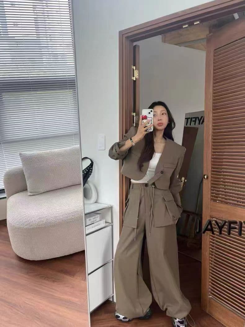 한국 행침 벨트 블레이저 여성 짧은 품격 다용도 펌프 로프 허리 수축 랩스커트팬츠 펌프 로프 조거 캐주얼 바지 세트 상세 이미지 1