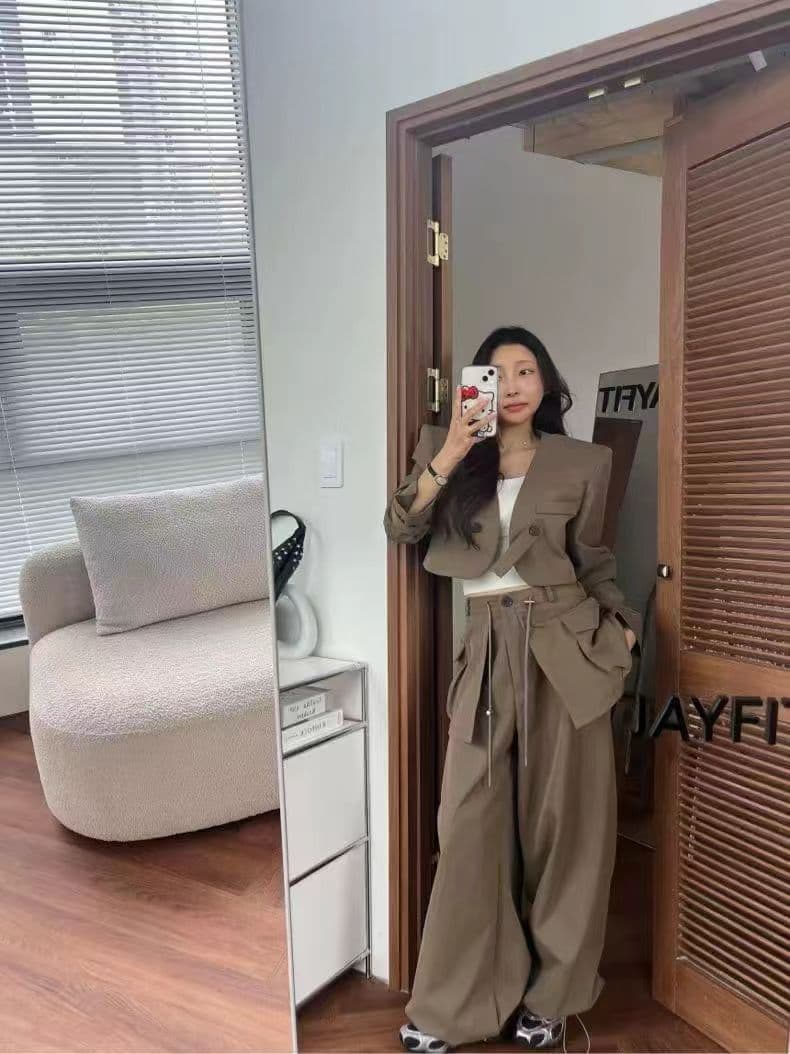 한국 행침 벨트 블레이저 여성 짧은 품격 다용도 펌프 로프 허리 수축 랩스커트팬츠 펌프 로프 조거 캐주얼 바지 세트 상세 이미지 4