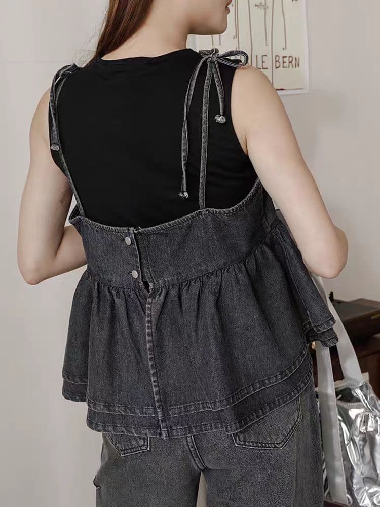 grl 여성 의류 2026 새로운 계층의 감각 강 강 Pleat 데님 짧은 조끼 슬립 이미지 4