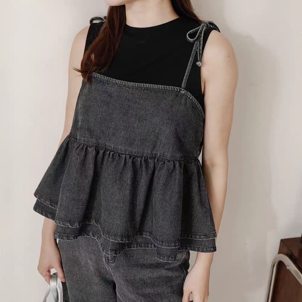 grl 여성 의류 2026 새로운 계층의 감각 강 강 Pleat 데님 짧은 조끼 슬립 상세 이미지 3