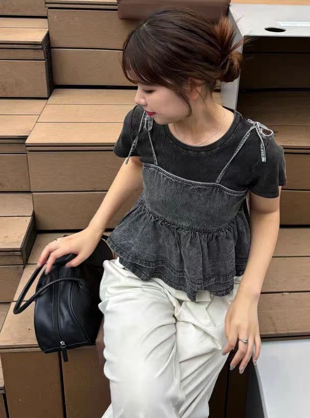 grl 여성 의류 2026 새로운 계층의 감각 강 강 Pleat 데님 짧은 조끼 슬립 상세 이미지 4