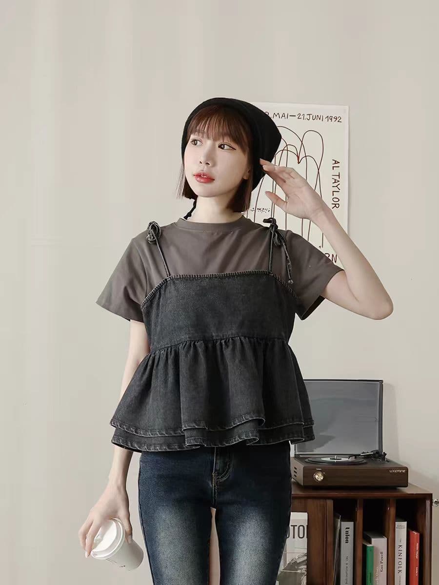 grl 여성 의류 2026 새로운 계층의 감각 강 강 Pleat 데님 짧은 조끼 슬립 상세 이미지 5