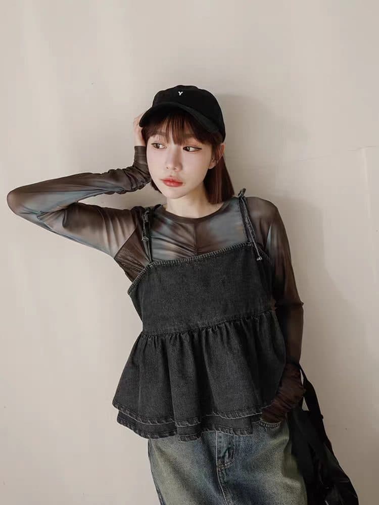 grl 여성 의류 2026 새로운 계층의 감각 강 강 Pleat 데님 짧은 조끼 슬립 상세 이미지 7