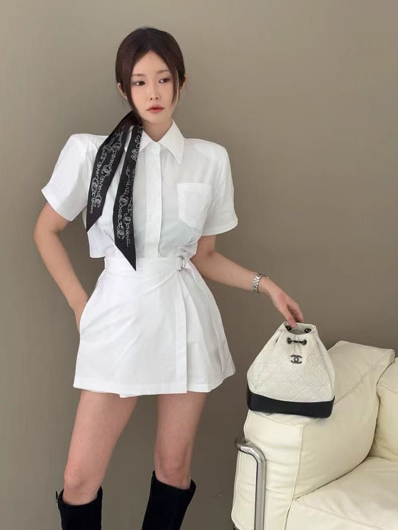 한국 스타일 새로운 여름 허리 수축 슬림해 보이는 셔츠 벨트 반바지 여성용 짧은 소매 올인원 바지 품격 여성 상세 이미지 4
