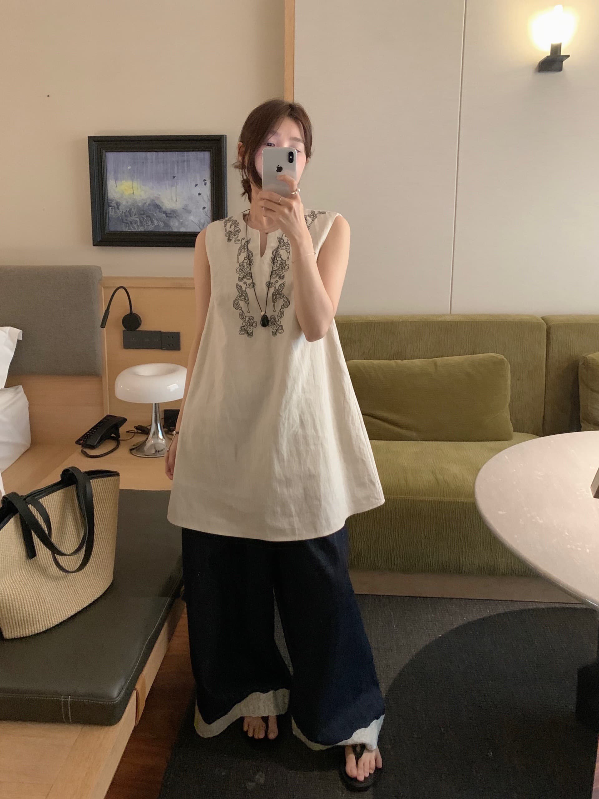 지금 huo chic 다용도 작은 격자 자수 면 린넨 민소매 드레스 이미지 3