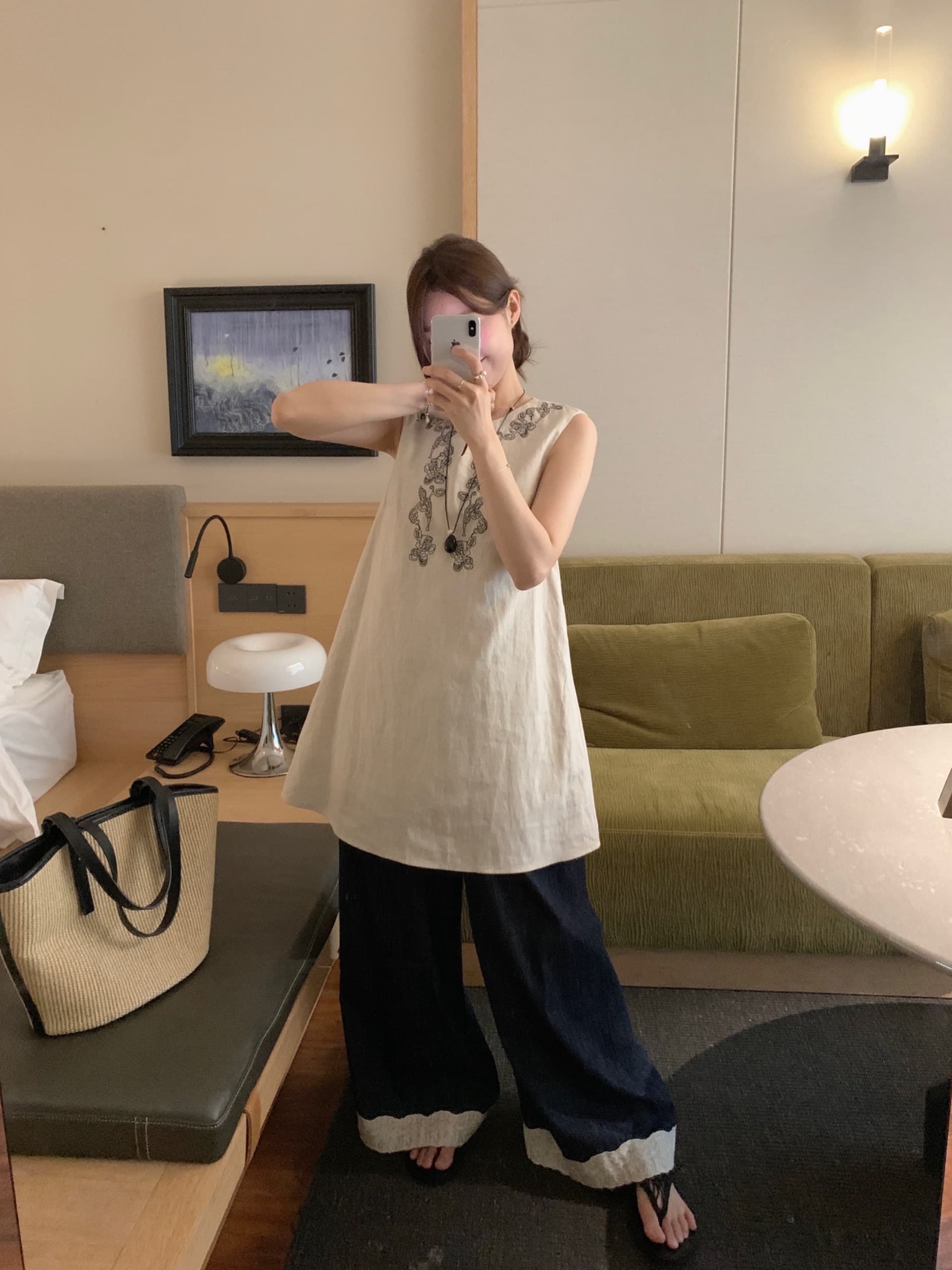 지금 huo chic 다용도 작은 격자 자수 면 린넨 민소매 드레스 상세 이미지 7