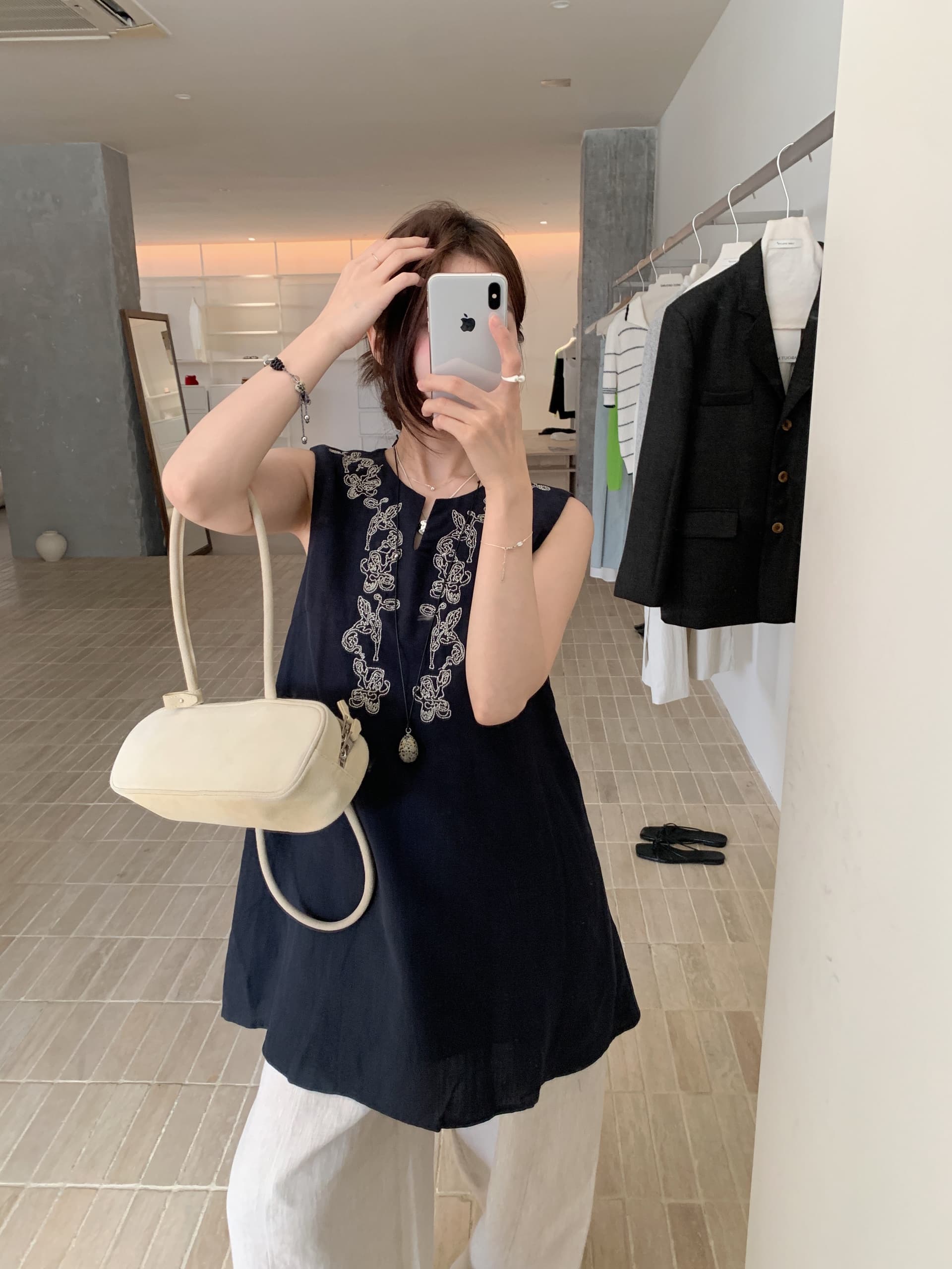 지금 huo chic 다용도 작은 격자 자수 면 린넨 민소매 드레스 상세 이미지 18
