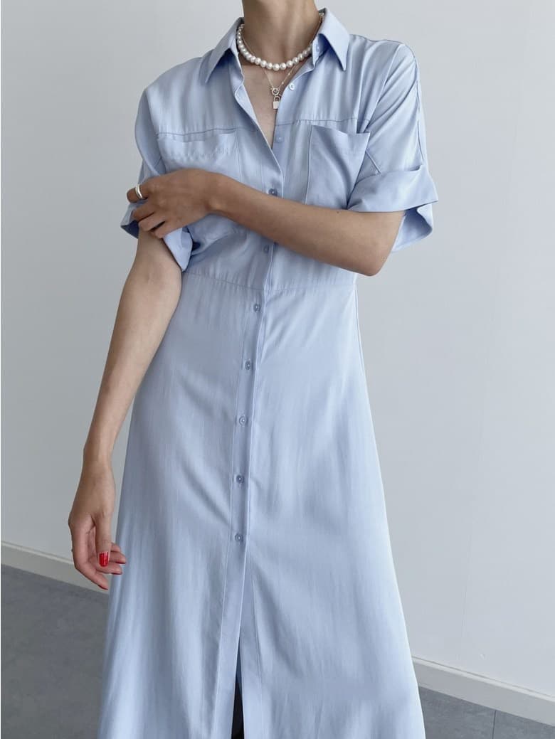 chic 작은 대중 클래식 폴로 칼라 단추 더블 주머니 허리 수축 볼륨 측면 소매 셔츠 스타일 드레스 상세 이미지 5