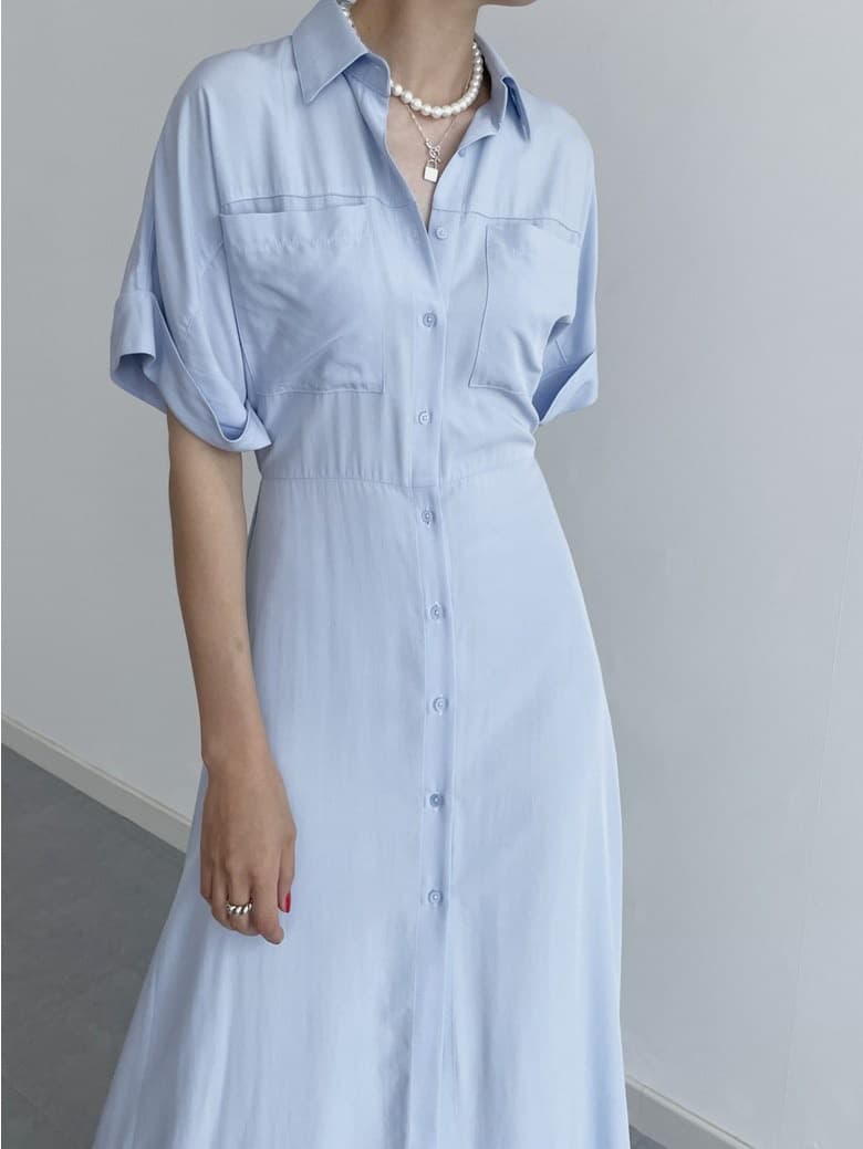 chic 작은 대중 클래식 폴로 칼라 단추 더블 주머니 허리 수축 볼륨 측면 소매 셔츠 스타일 드레스 상세 이미지 6