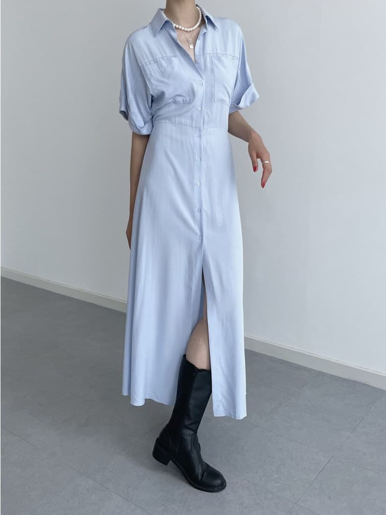 chic 작은 대중 클래식 폴로 칼라 단추 더블 주머니 허리 수축 볼륨 측면 소매 셔츠 스타일 드레스 상세 이미지 7