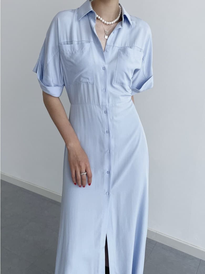chic 작은 대중 클래식 폴로 칼라 단추 더블 주머니 허리 수축 볼륨 측면 소매 셔츠 스타일 드레스 상세 이미지 30