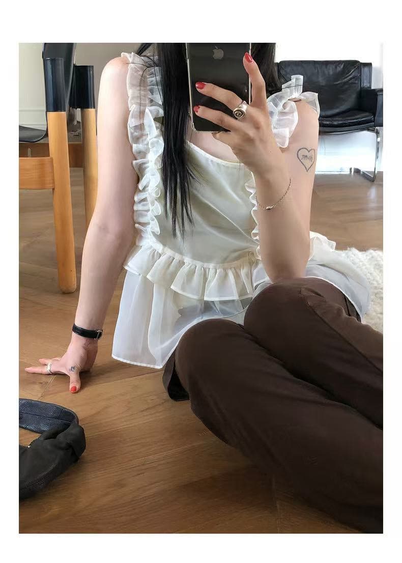 있음 밖으로 한국 chic 유럽 오간자 조끼 프릴 디자인 스택 착용 외부 가져 가라. 캐미솔 상세 이미지 3