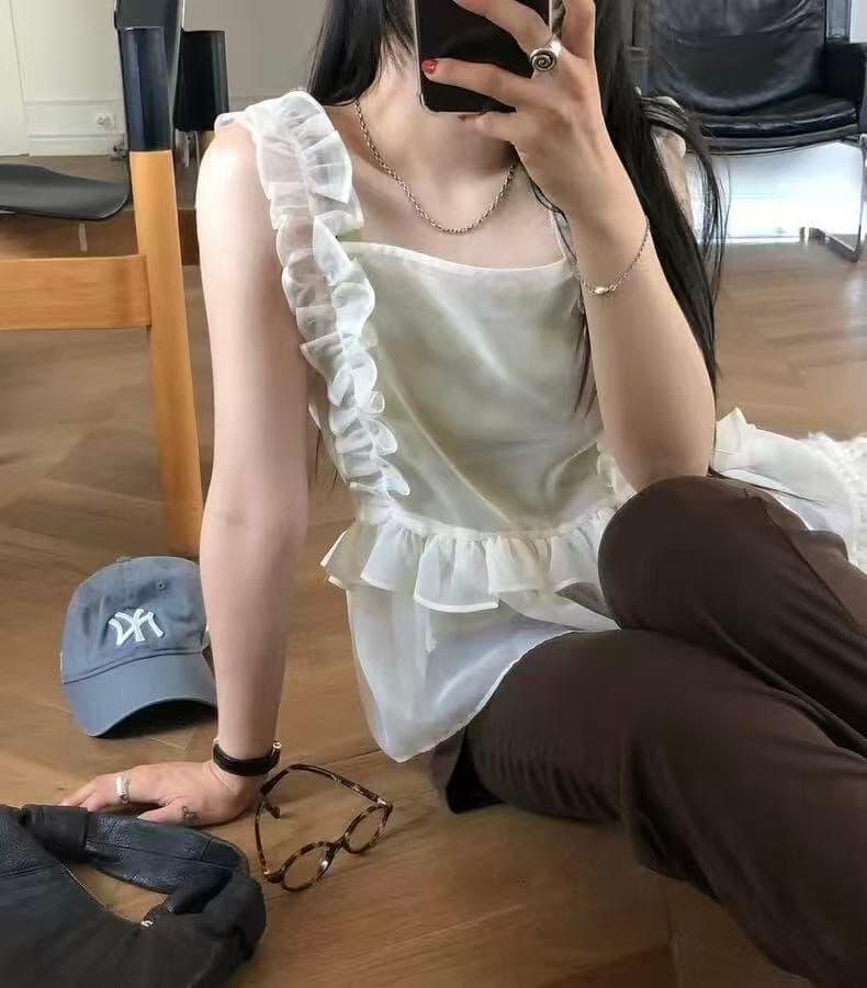 있음 밖으로 한국 chic 유럽 오간자 조끼 프릴 디자인 스택 착용 외부 가져 가라. 캐미솔 상세 이미지 11