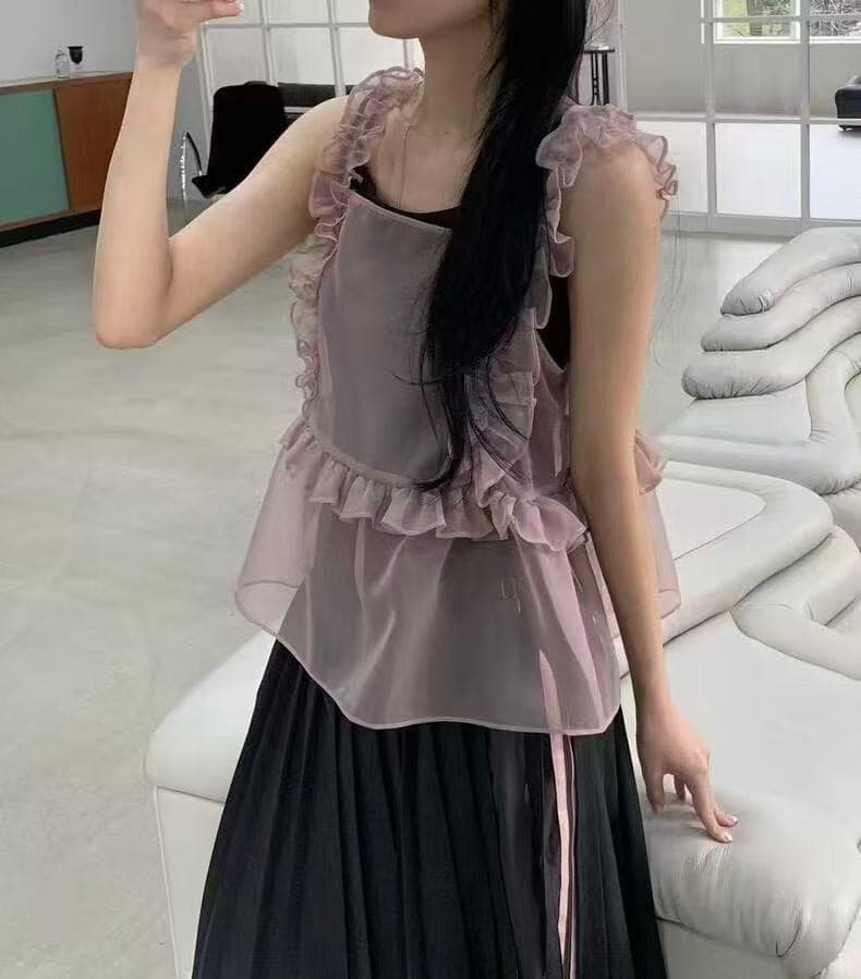 있음 밖으로 한국 chic 유럽 오간자 조끼 프릴 디자인 스택 착용 외부 가져 가라. 캐미솔 상세 이미지 14