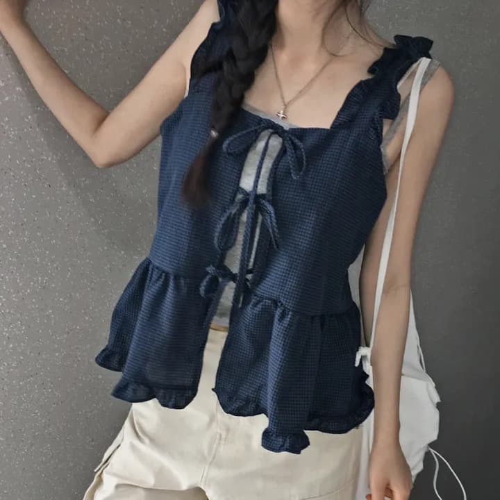 원본 한국 chic 프릴 체크무늬 쉬폰 블라우스 캐미솔 스트랩 홀로우 아웃 주름 패치워크 맨위