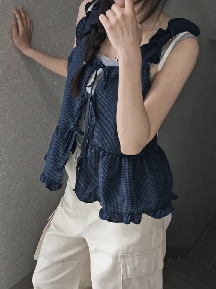 원본 한국 chic 프릴 체크무늬 쉬폰 블라우스 캐미솔 스트랩 홀로우 아웃 주름 패치워크 맨위 상세 이미지 3