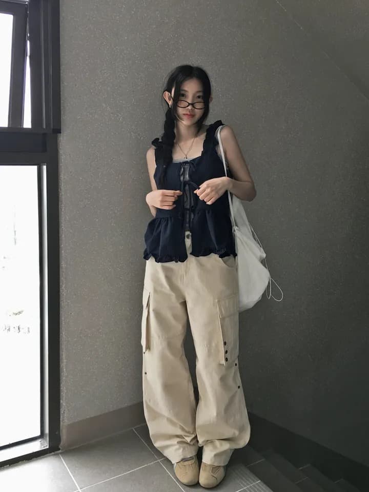 원본 한국 chic 프릴 체크무늬 쉬폰 블라우스 캐미솔 스트랩 홀로우 아웃 주름 패치워크 맨위 상세 이미지 5