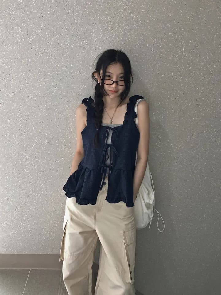 원본 한국 chic 프릴 체크무늬 쉬폰 블라우스 캐미솔 스트랩 홀로우 아웃 주름 패치워크 맨위 상세 이미지 7