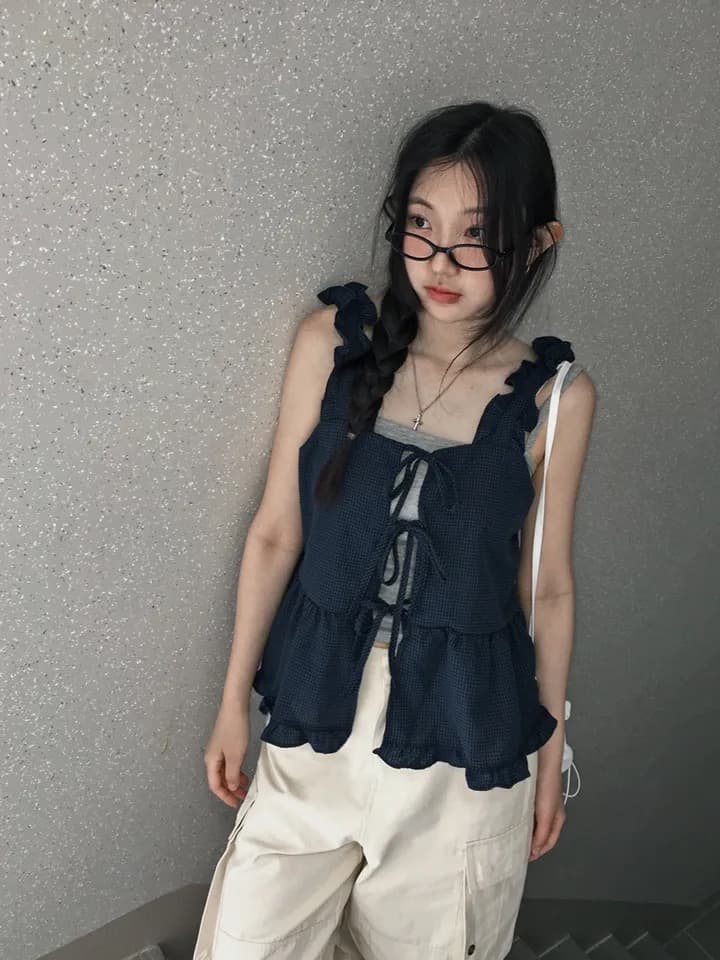 원본 한국 chic 프릴 체크무늬 쉬폰 블라우스 캐미솔 스트랩 홀로우 아웃 주름 패치워크 맨위 상세 이미지 8