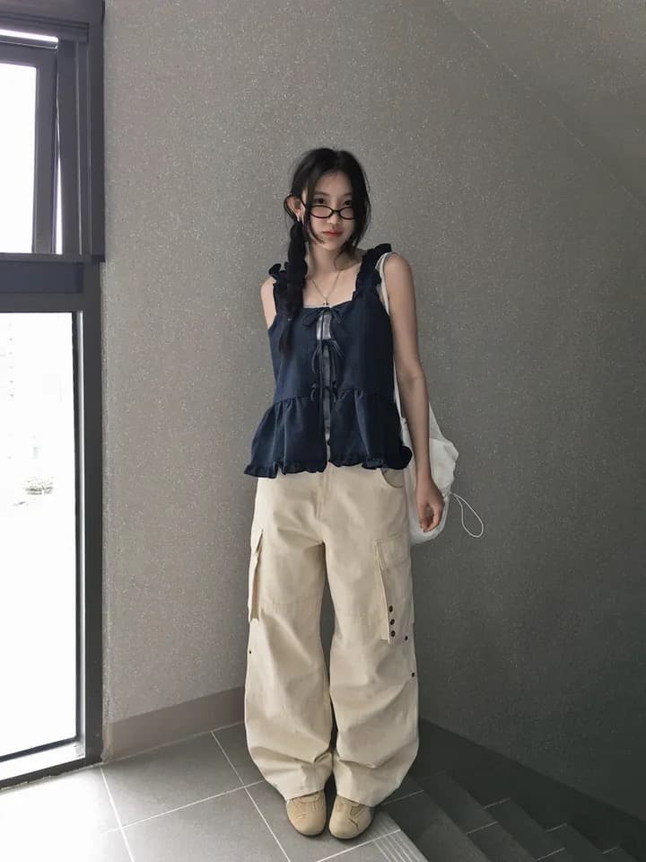 원본 한국 chic 프릴 체크무늬 쉬폰 블라우스 캐미솔 스트랩 홀로우 아웃 주름 패치워크 맨위 상세 이미지 14