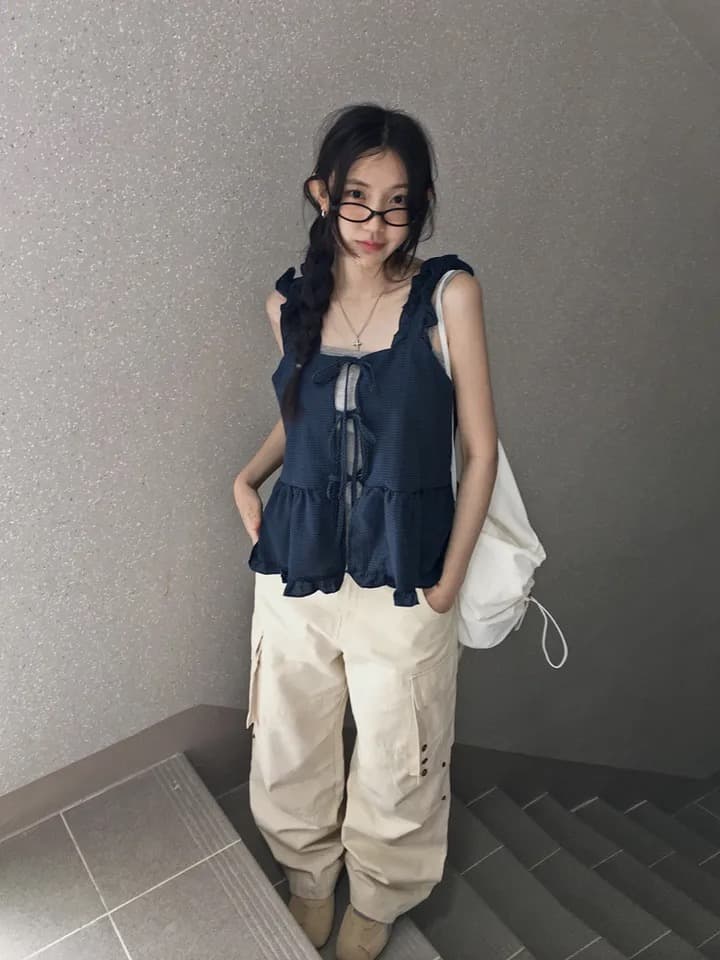 원본 한국 chic 프릴 체크무늬 쉬폰 블라우스 캐미솔 스트랩 홀로우 아웃 주름 패치워크 맨위 상세 이미지 15
