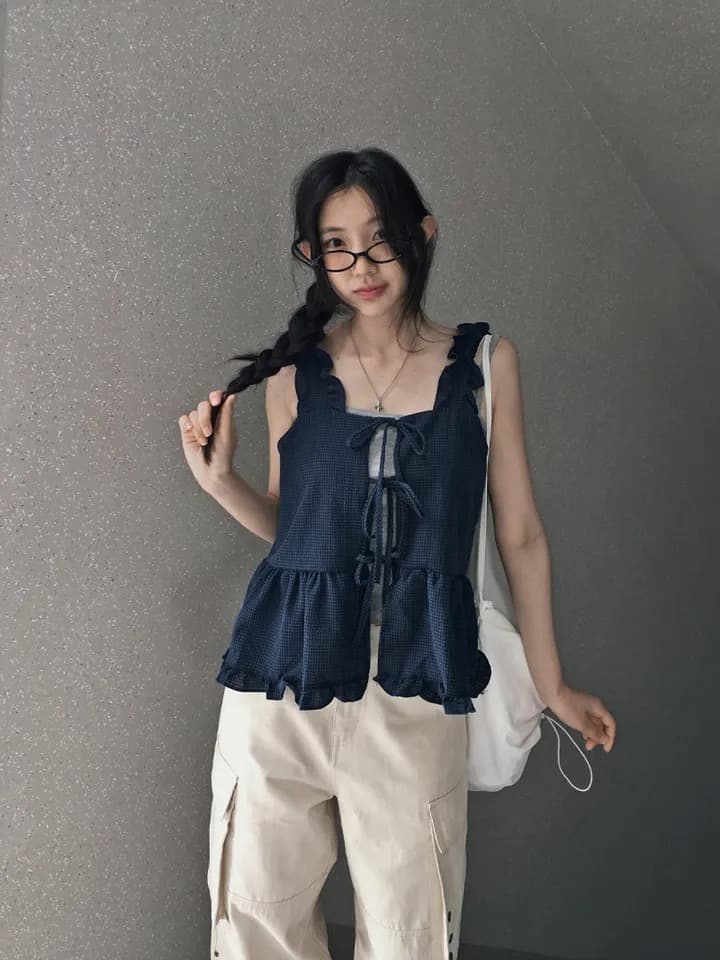 원본 한국 chic 프릴 체크무늬 쉬폰 블라우스 캐미솔 스트랩 홀로우 아웃 주름 패치워크 맨위 상세 이미지 16