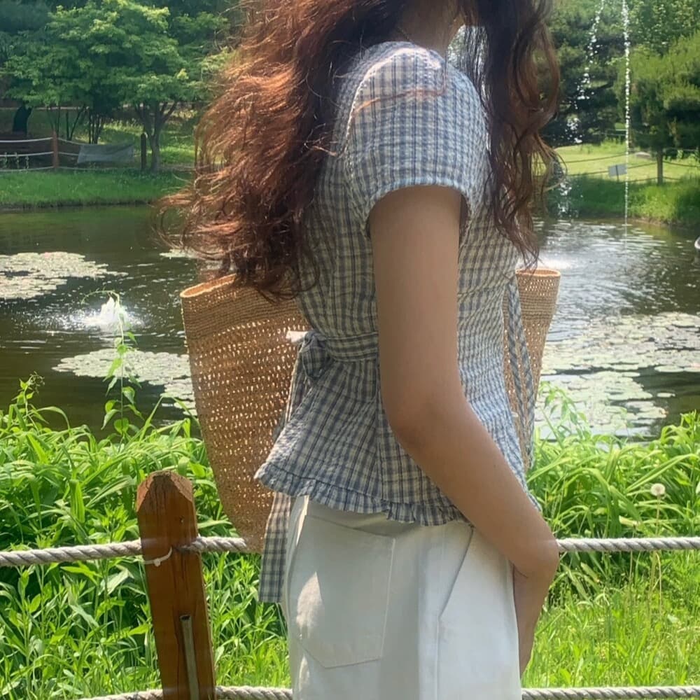원본 한국 chic 여름 프릴 싱글 줄 버튼 반팔 격자 무늬 셔츠 이미지 5