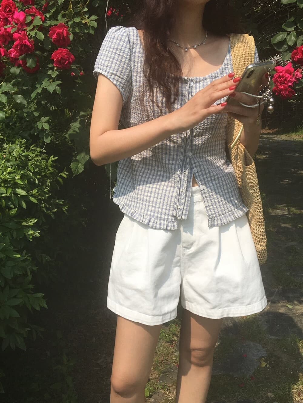 원본 한국 chic 여름 프릴 싱글 줄 버튼 반팔 격자 무늬 셔츠 상세 이미지 2