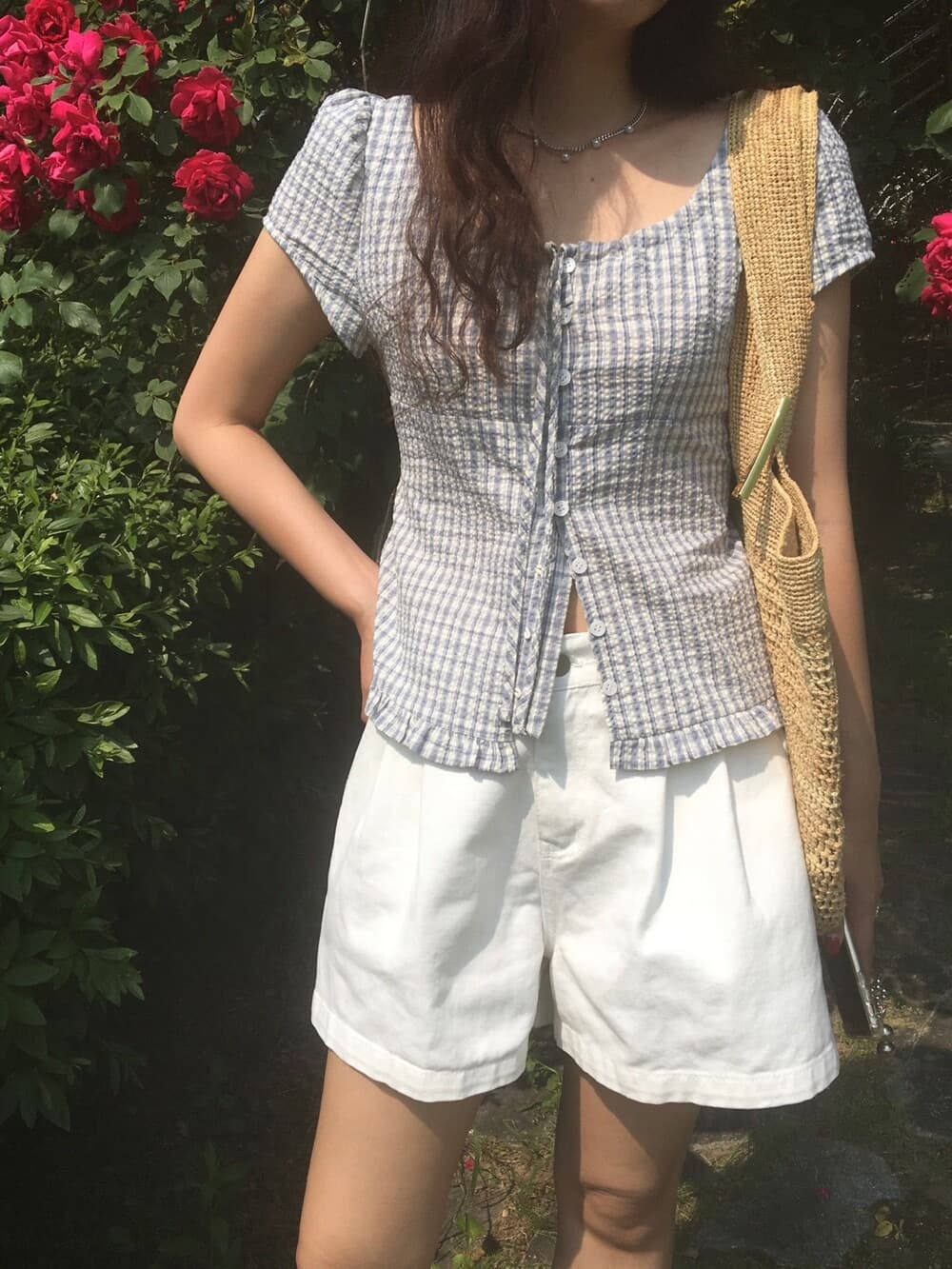 원본 한국 chic 여름 프릴 싱글 줄 버튼 반팔 격자 무늬 셔츠 상세 이미지 3