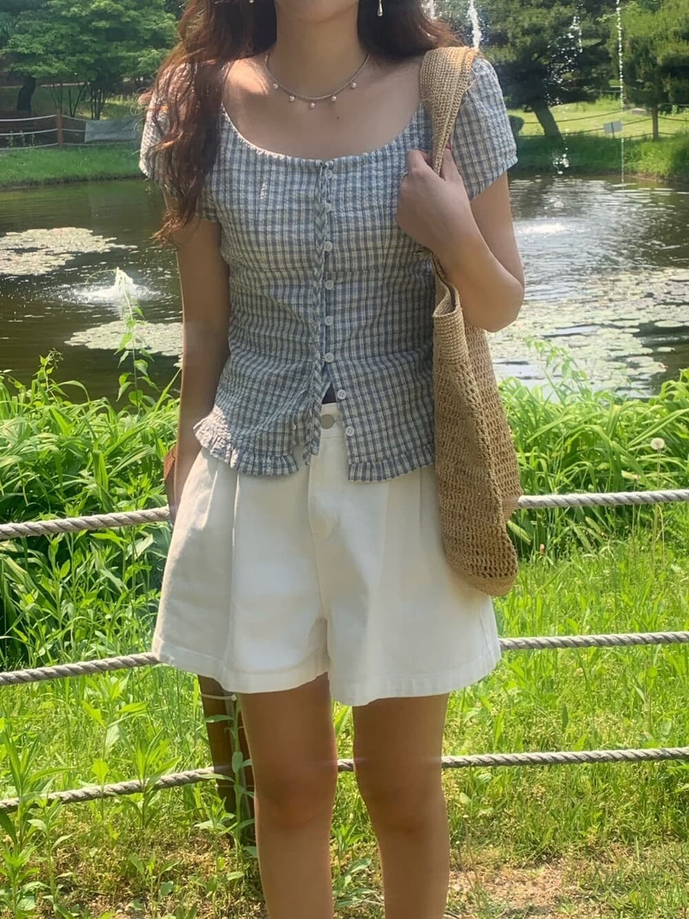 원본 한국 chic 여름 프릴 싱글 줄 버튼 반팔 격자 무늬 셔츠 상세 이미지 4