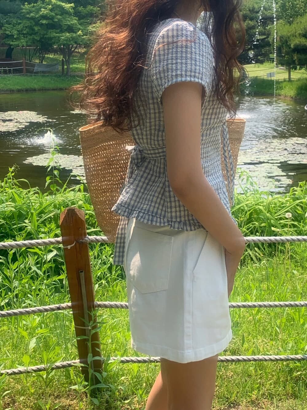 원본 한국 chic 여름 프릴 싱글 줄 버튼 반팔 격자 무늬 셔츠 상세 이미지 5