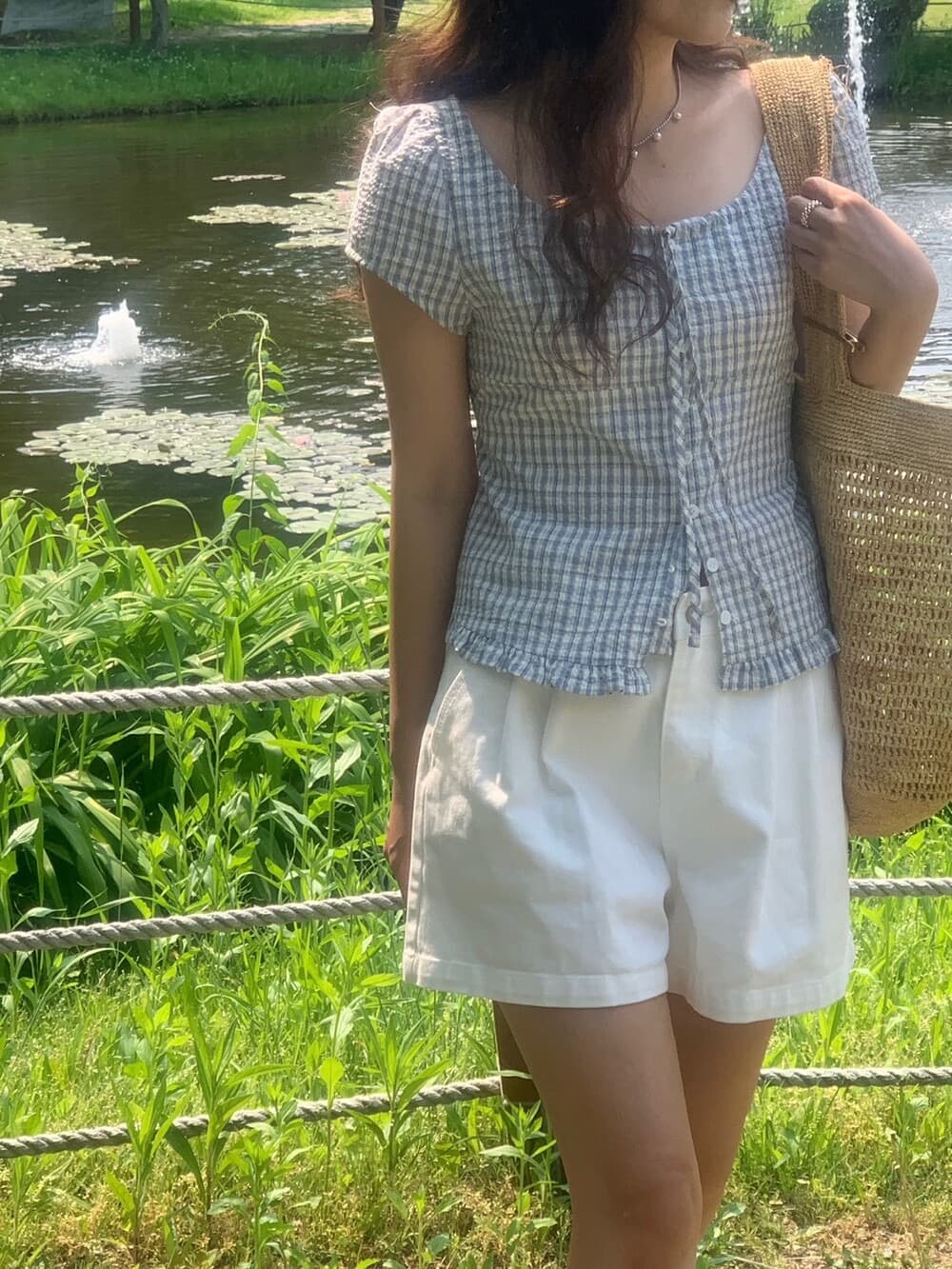원본 한국 chic 여름 프릴 싱글 줄 버튼 반팔 격자 무늬 셔츠 상세 이미지 8