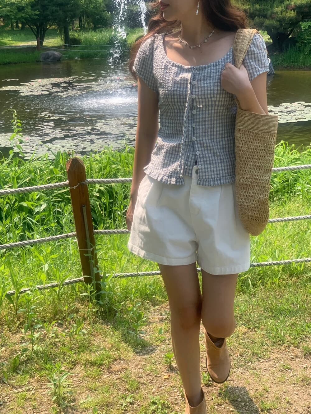 원본 한국 chic 여름 프릴 싱글 줄 버튼 반팔 격자 무늬 셔츠 상세 이미지 9