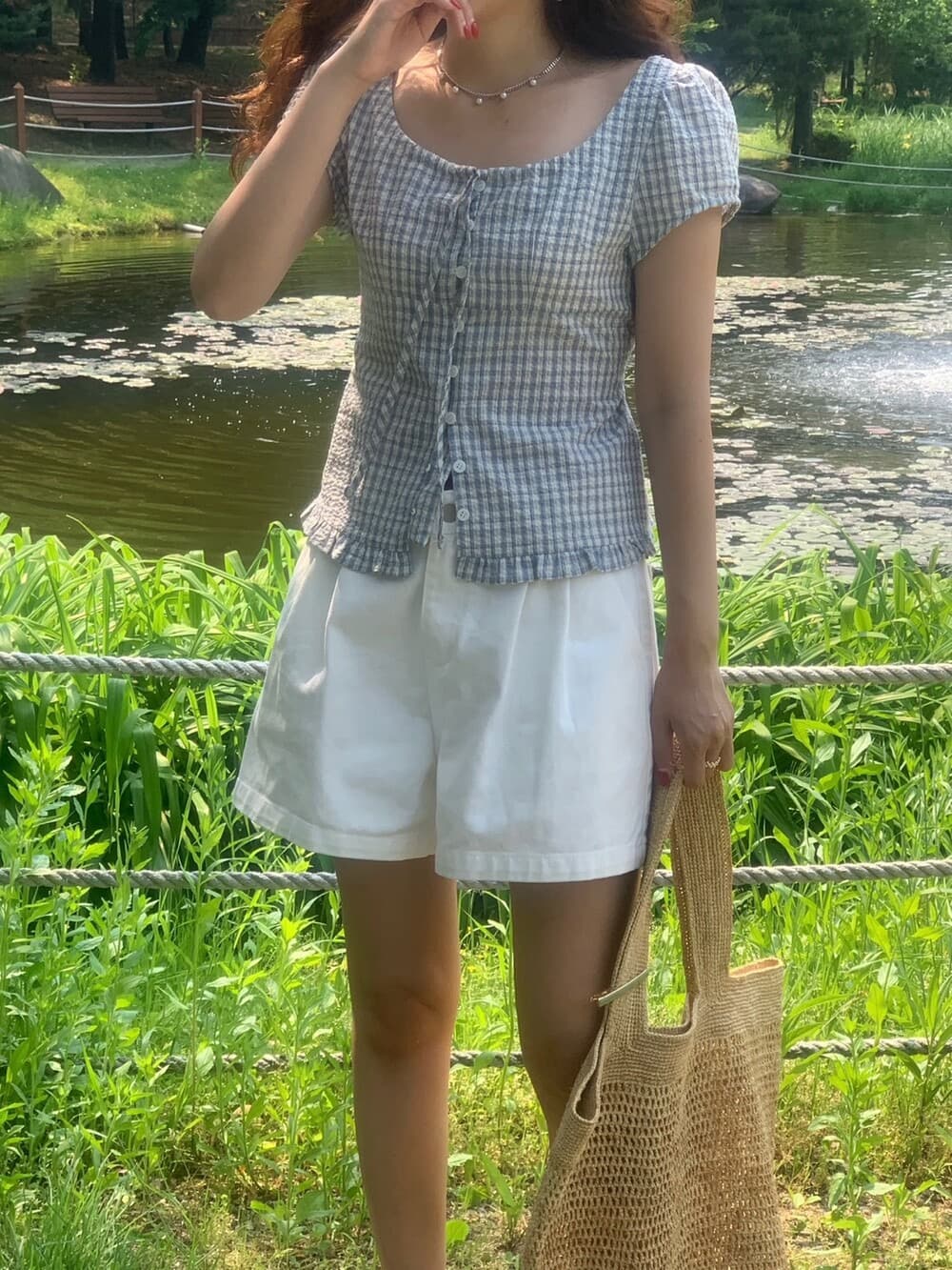 원본 한국 chic 여름 프릴 싱글 줄 버튼 반팔 격자 무늬 셔츠 상세 이미지 10