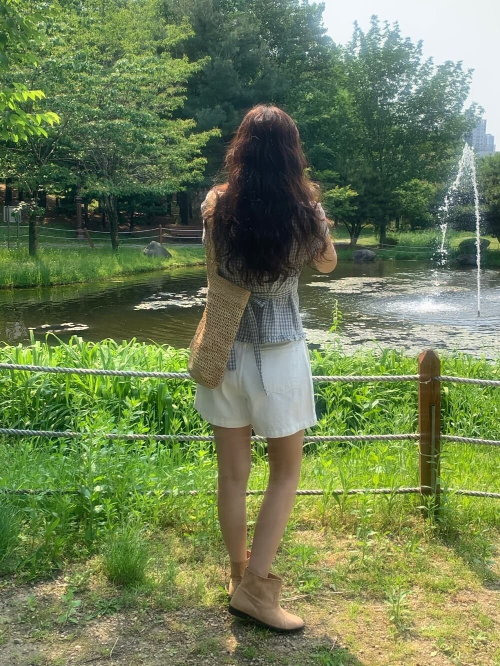 원본 한국 chic 여름 프릴 싱글 줄 버튼 반팔 격자 무늬 셔츠 상세 이미지 12