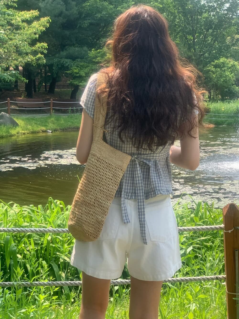원본 한국 chic 여름 프릴 싱글 줄 버튼 반팔 격자 무늬 셔츠 상세 이미지 14