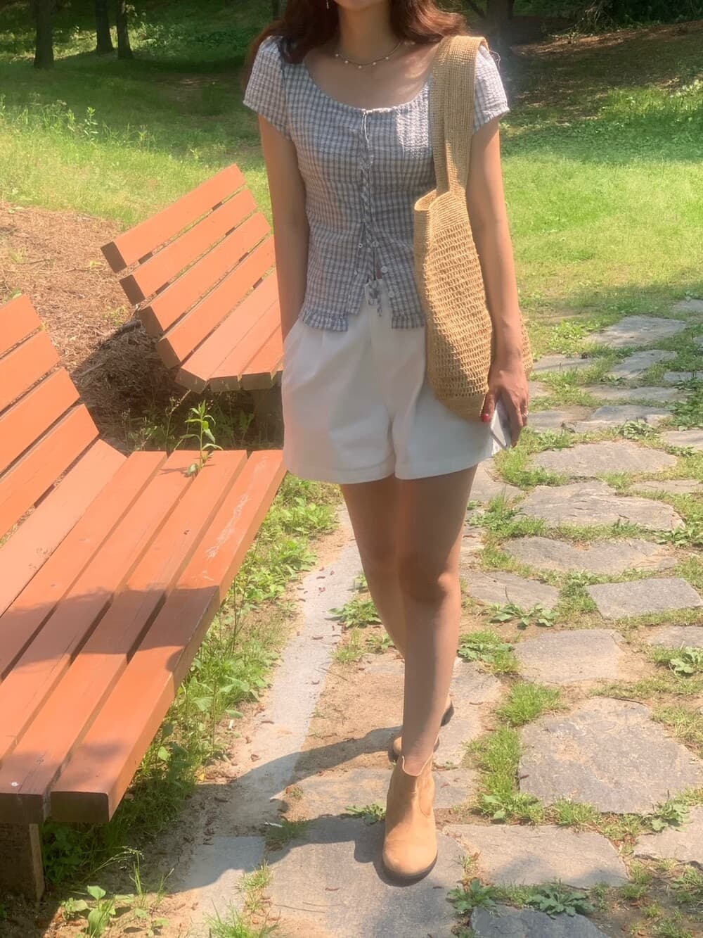 원본 한국 chic 여름 프릴 싱글 줄 버튼 반팔 격자 무늬 셔츠 상세 이미지 18