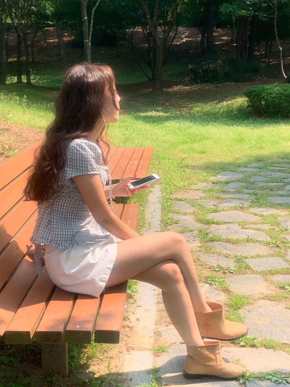 원본 한국 chic 여름 프릴 싱글 줄 버튼 반팔 격자 무늬 셔츠 상세 이미지 19
