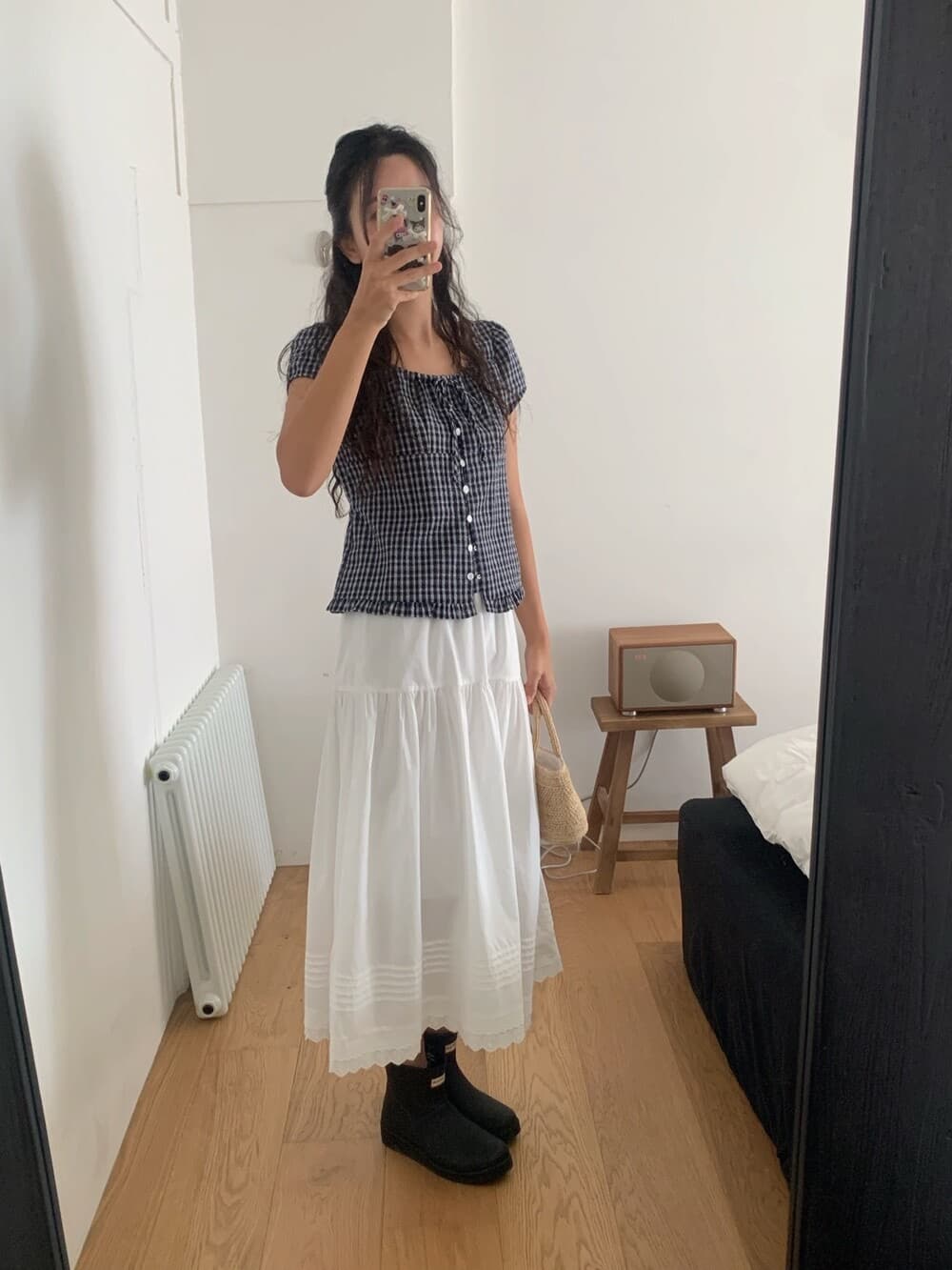 원본 한국 chic 여름 프릴 싱글 줄 버튼 반팔 격자 무늬 셔츠 상세 이미지 21