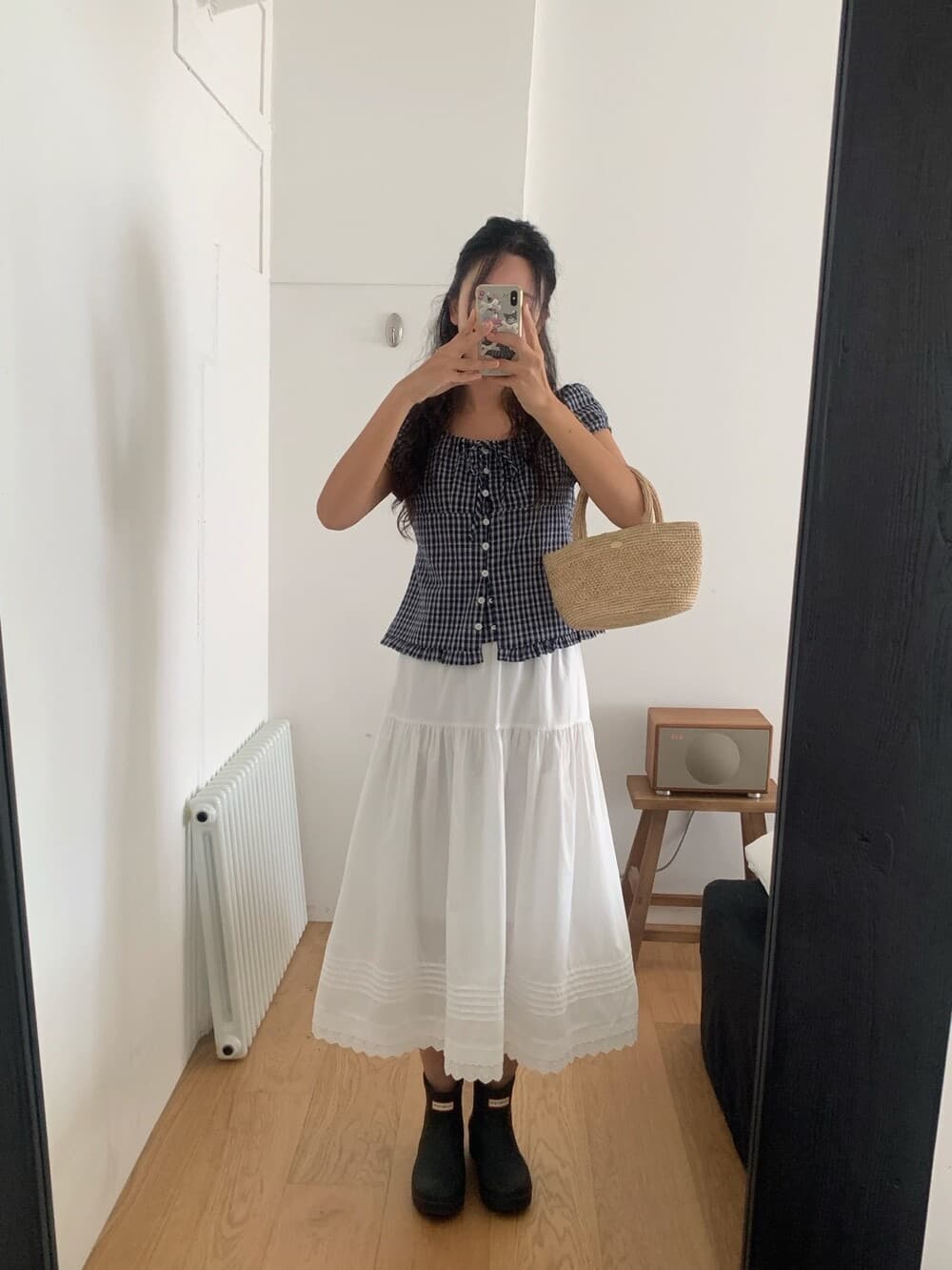 원본 한국 chic 여름 프릴 싱글 줄 버튼 반팔 격자 무늬 셔츠 상세 이미지 22
