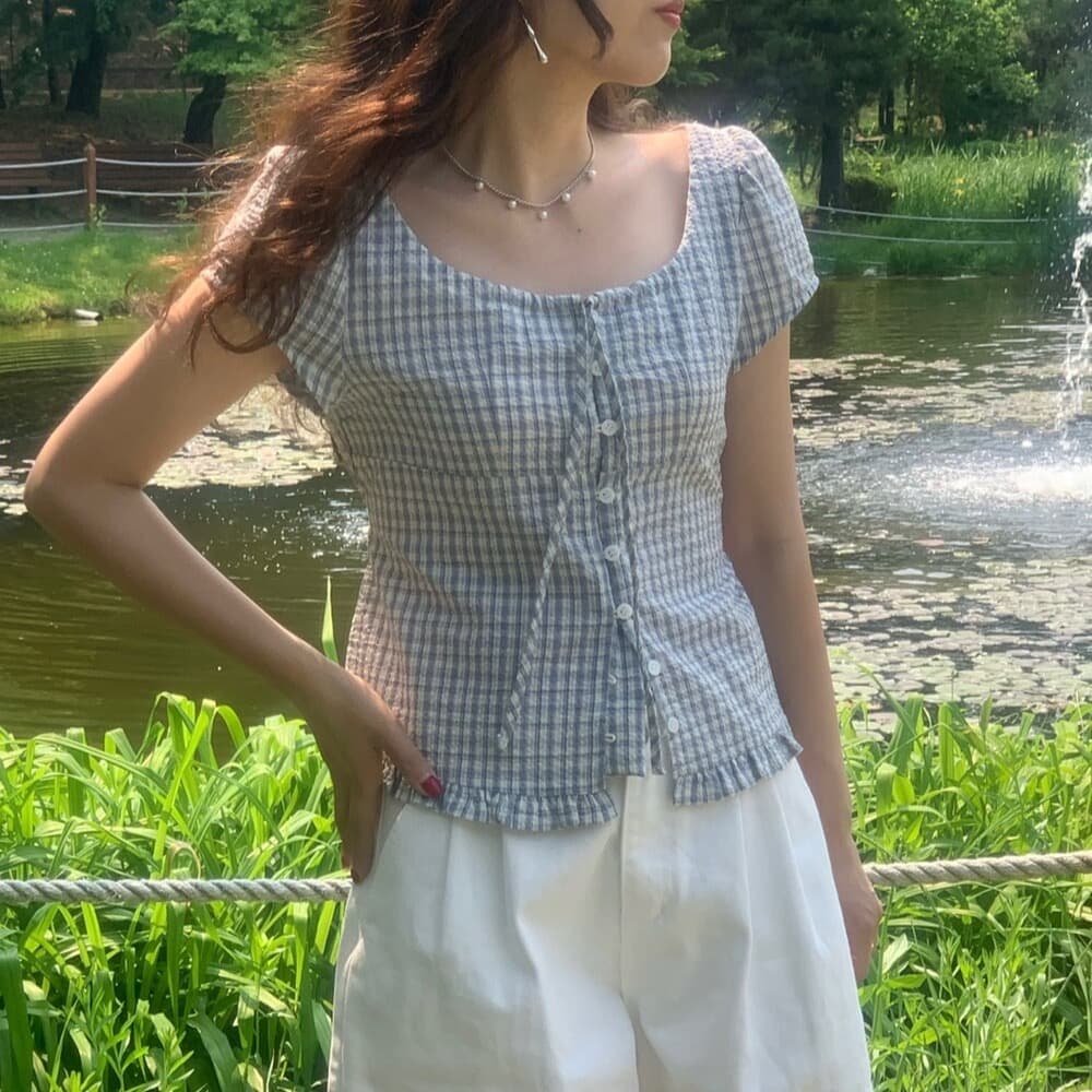 원본 한국 chic 여름 프릴 싱글 줄 버튼 반팔 격자 무늬 셔츠 상세 이미지 31